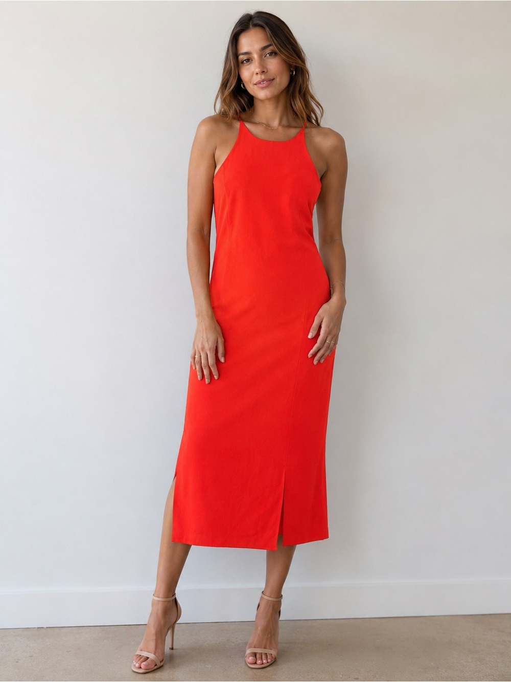 Ann Taylor Vibrant Red Halter Midi Dress